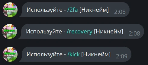 Подсказки бота для /2fa, /recovery и /kick